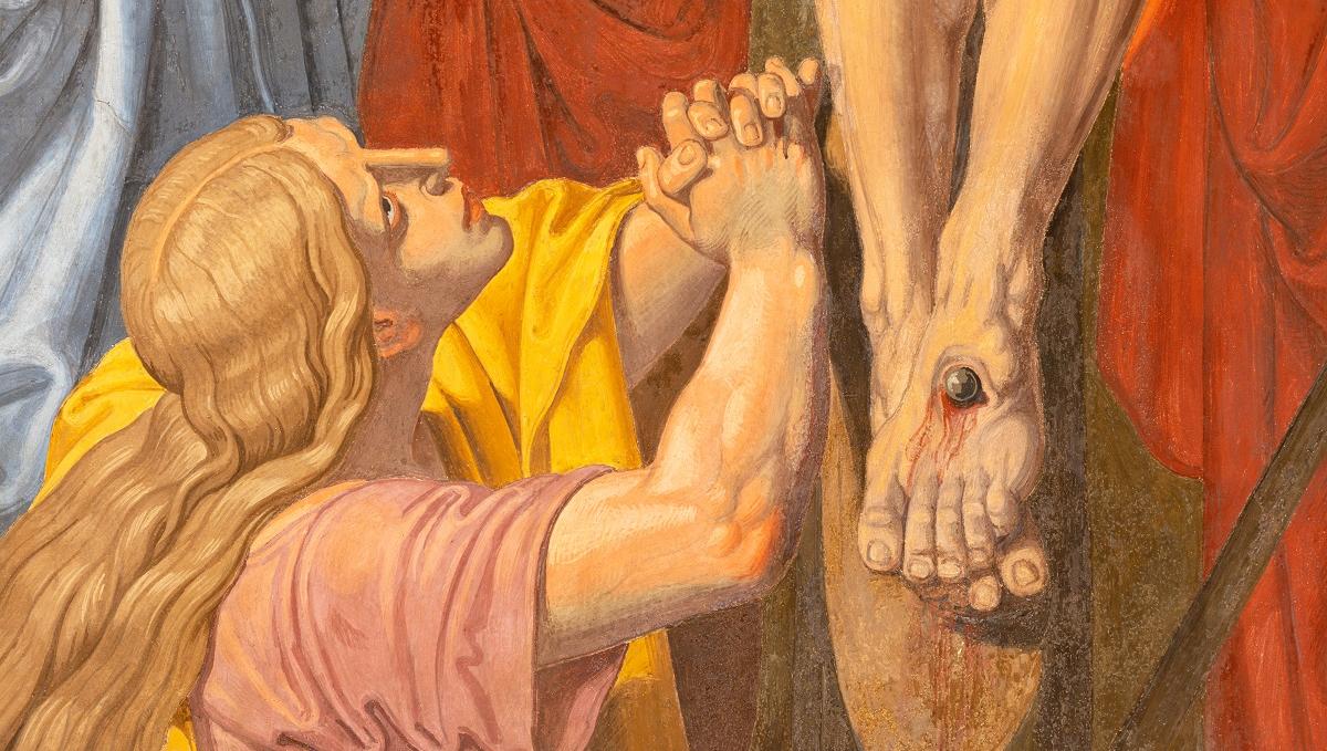 The detail of fresco of Crucifixion (Mary of Magdalen) in the church of St. John the Nepomuk by Josef Furlich