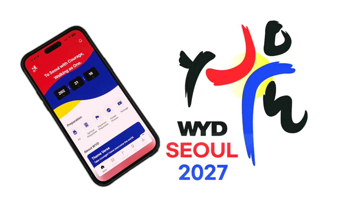 WYD 2027 log and a phone showing the new app