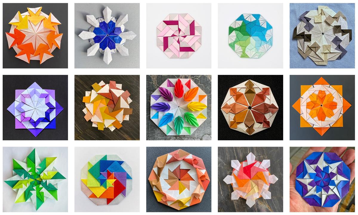 A grid of 15 photos of colorful origami mandalas, designed and folded by Matthew Green