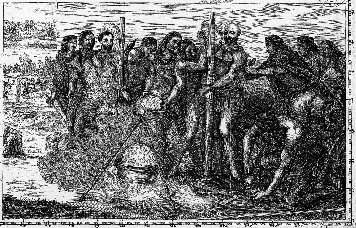 Engraving depicting the martyrdom of St. Jean de Brébeuf and St. Gabriel Lallemont