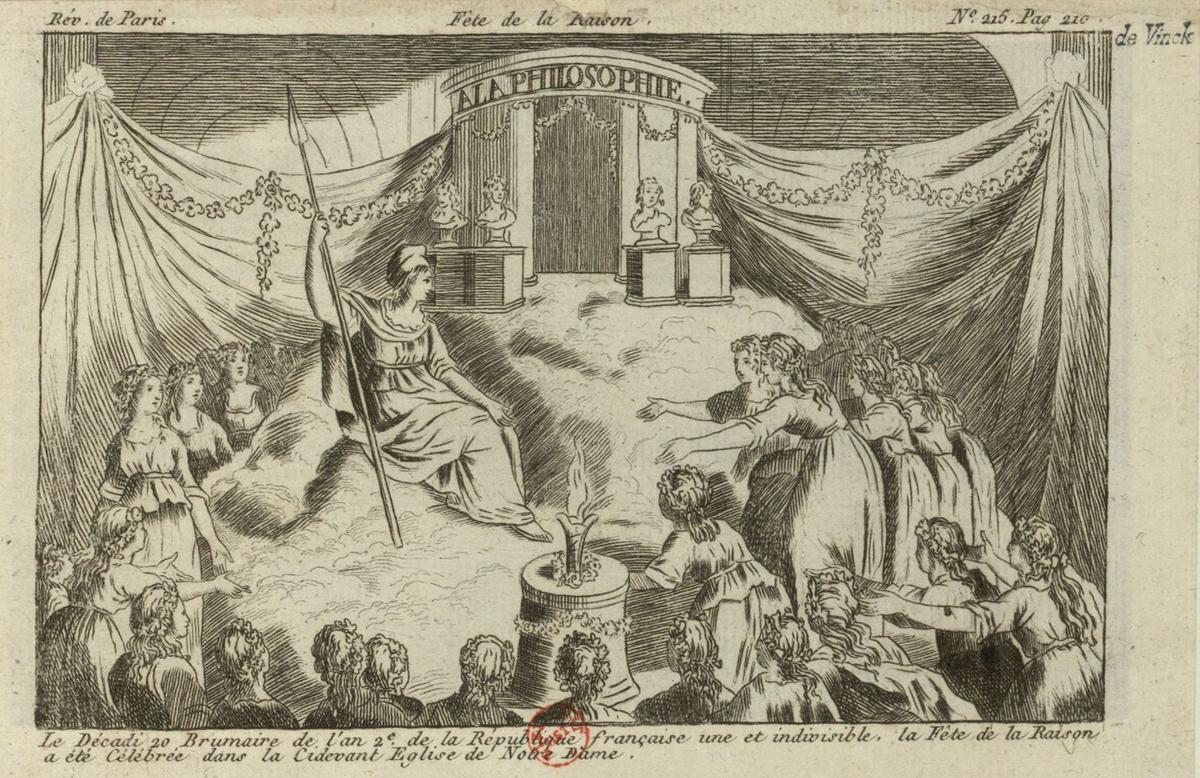 Święto Rozumu w zbezczeszczonej katedrze Notre-Dame. Grafika z 1793 roku