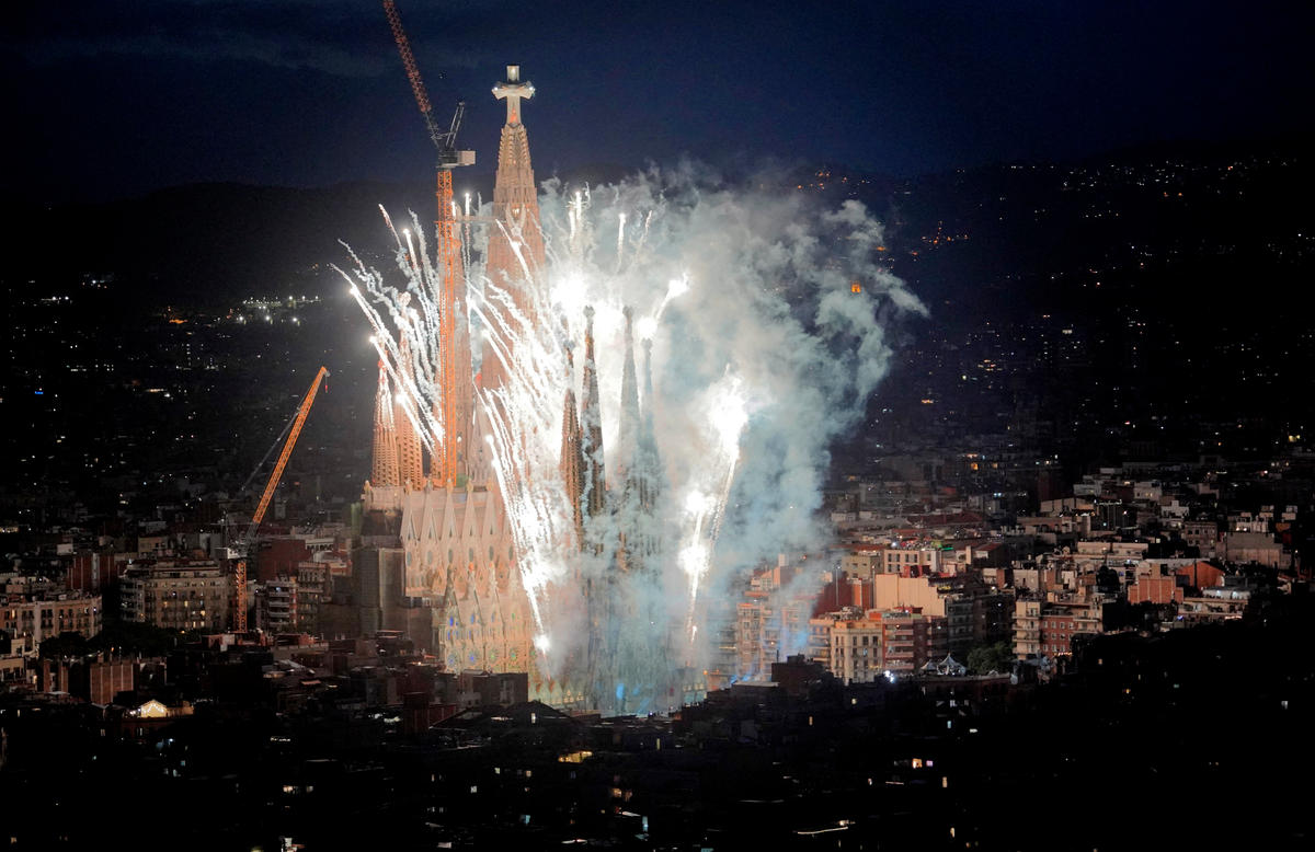 fireworks during the inauguration of Jesus Christ tower by Pope Leo XIV in the Basilica of the Sagrada Familia