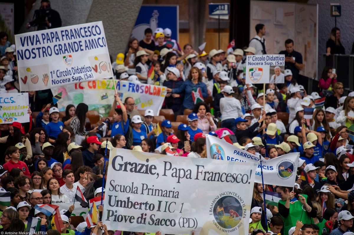 Pope Francis attends a meeting with children from all over the world