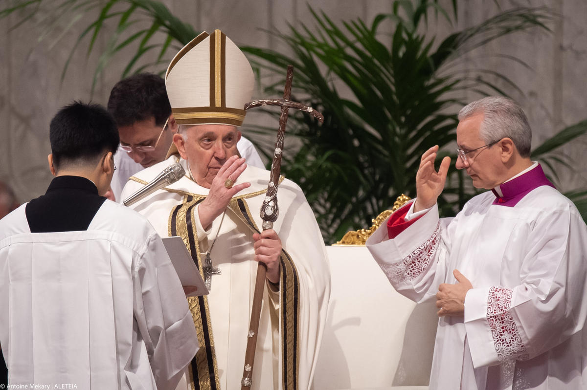 Pope Francis celebrates the Holy Chrism mass on April 05, 2023 in St. Peter's Basilica at The Vatican.