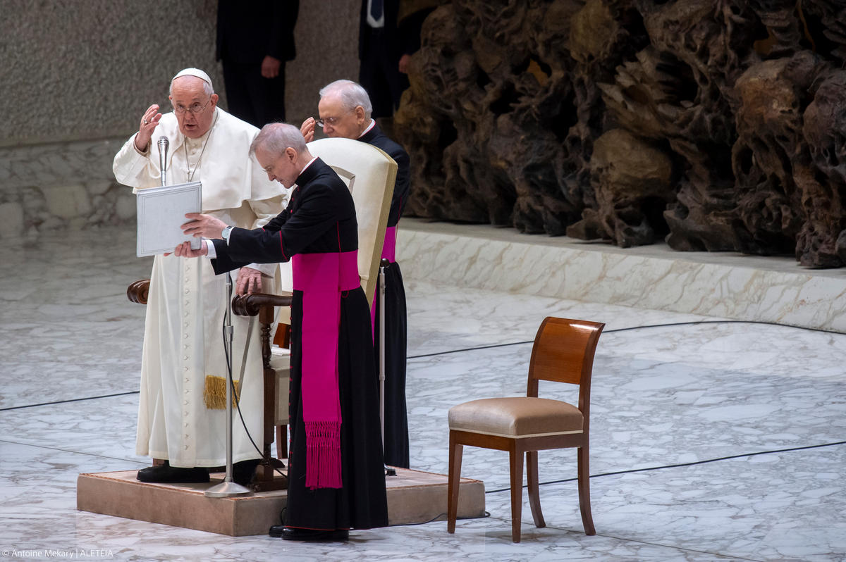 Pope Francis as he blesses pilgrims at the end of his weekly general audience Paul VI hall in the Vatican