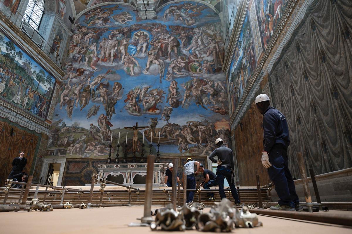 Sistine Chapel and installation of the chimney before the start of the conclave on May 7, 2025