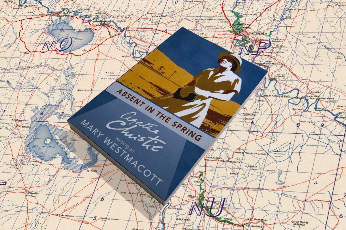 Agatha Christie novel "Absent in the Spring" over map of Iraq