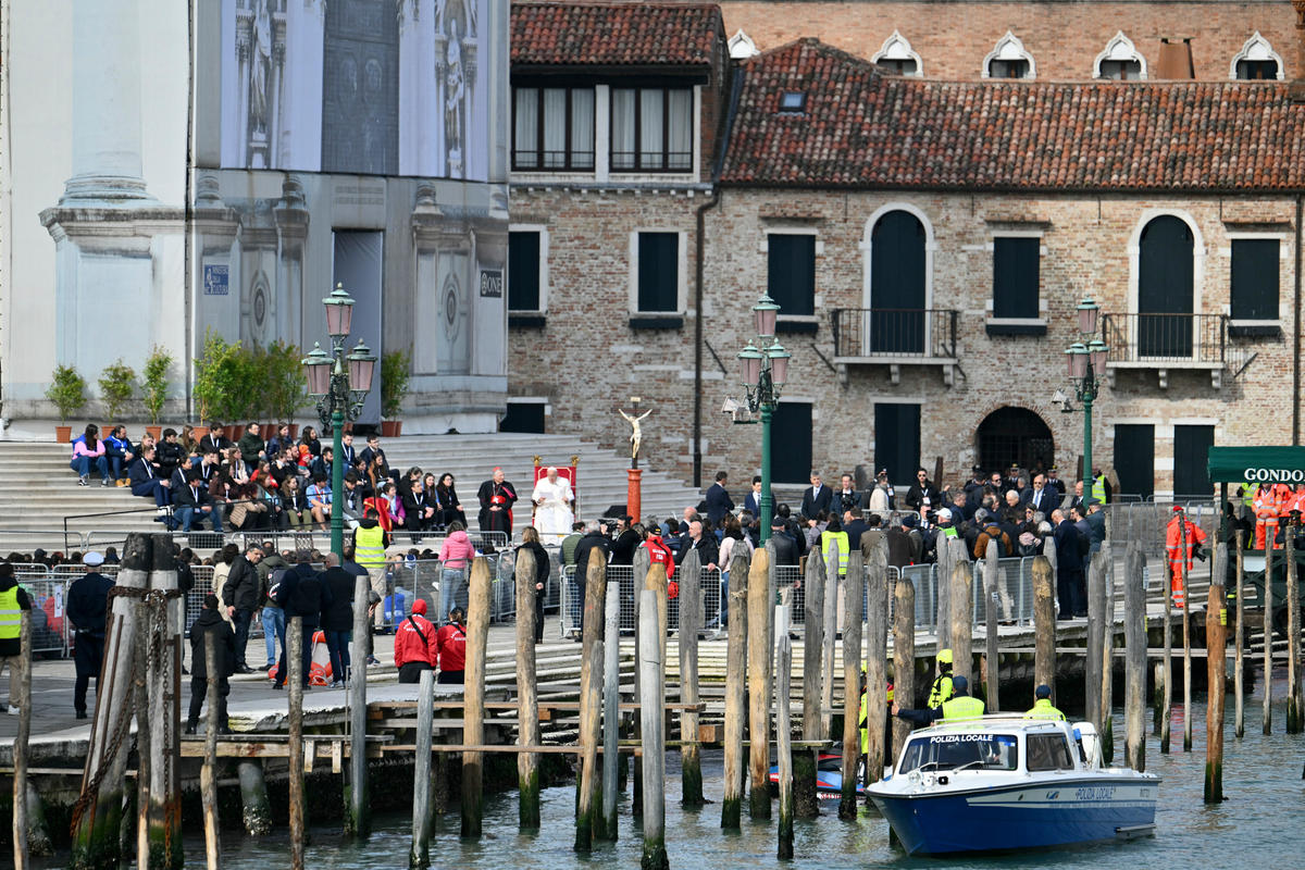 Pope Francis delivers a speech at Santa Maria della Salute basilica during a meeting with young people on April 28, 2024 in Venice