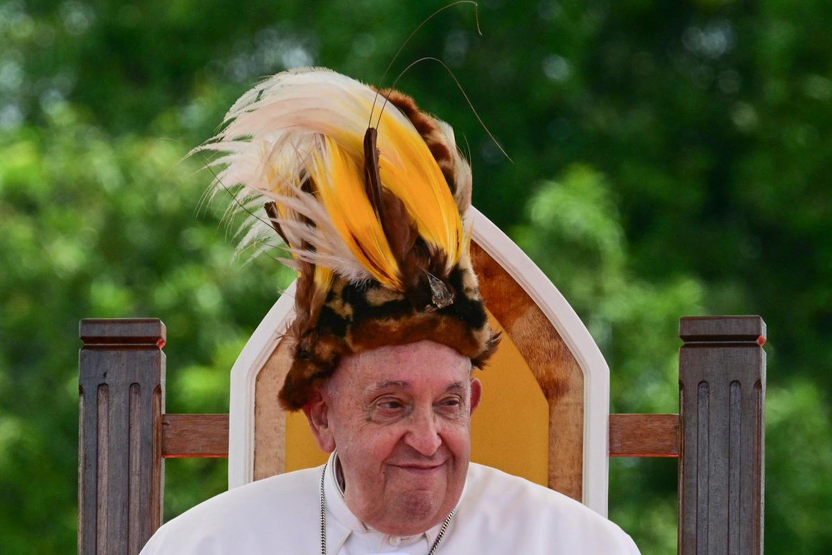Pope Francis takes part in a meeting with Catholic faithful of the diocese of Vanimo in front of Holy Cross Cathedral in Vanimo, Papua New Guinea, on September 8, 2024.