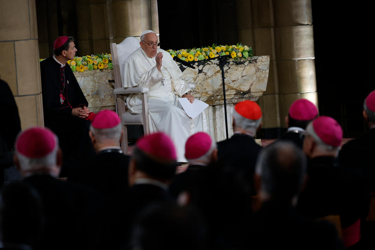 Pope Francis meets with bishops, priests, deacons, consecrated persons, seminarians and pastoral workers at The Koekelberg Basilica of the Sacred Heart in Brussels on September 28, 2024