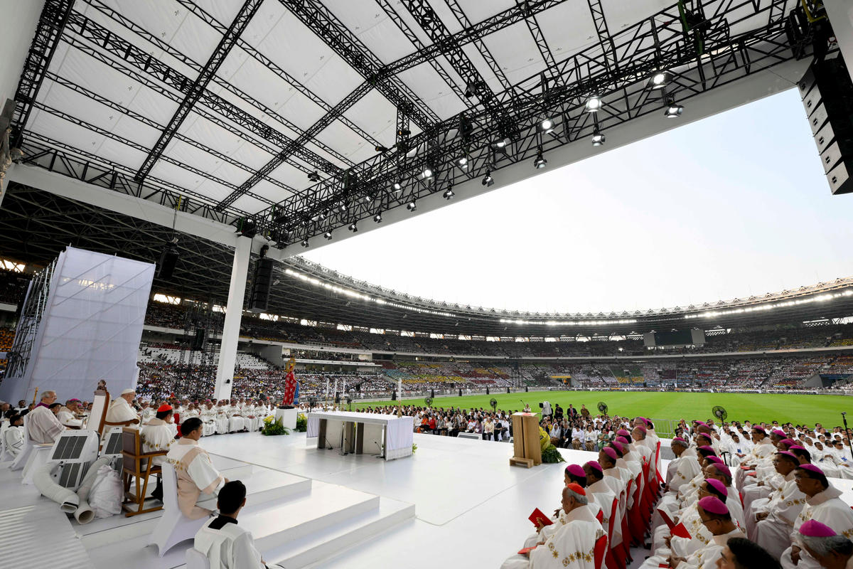 Pope Francis leading a holy mass at the Gelora Bung Karno Stadium in Jakarta.