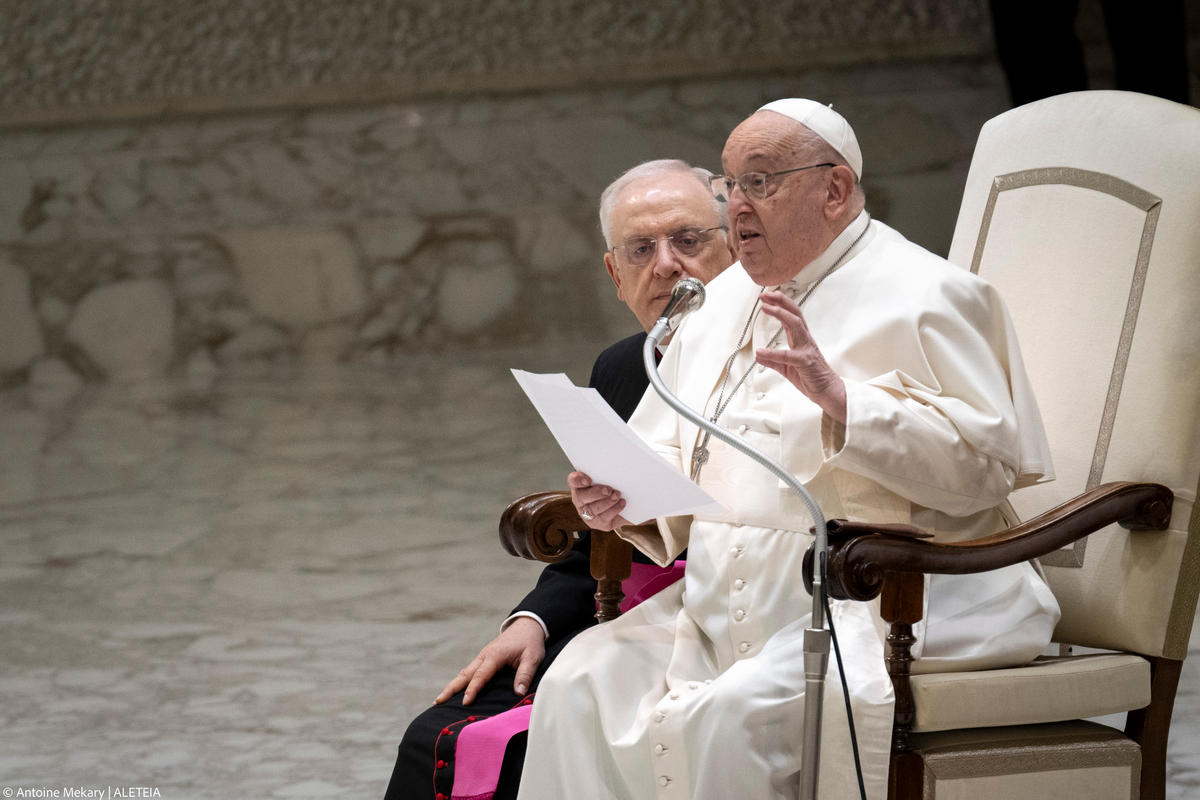 Pope Francis during his weekly general audience in Paul VI Hall at the Vatican on February 12, 2025