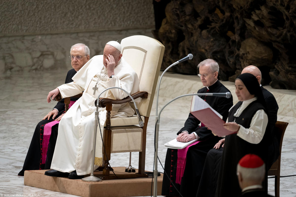 Pope Francis during his weekly general audience in Paul VI Hall at the Vatican on February 12, 2025