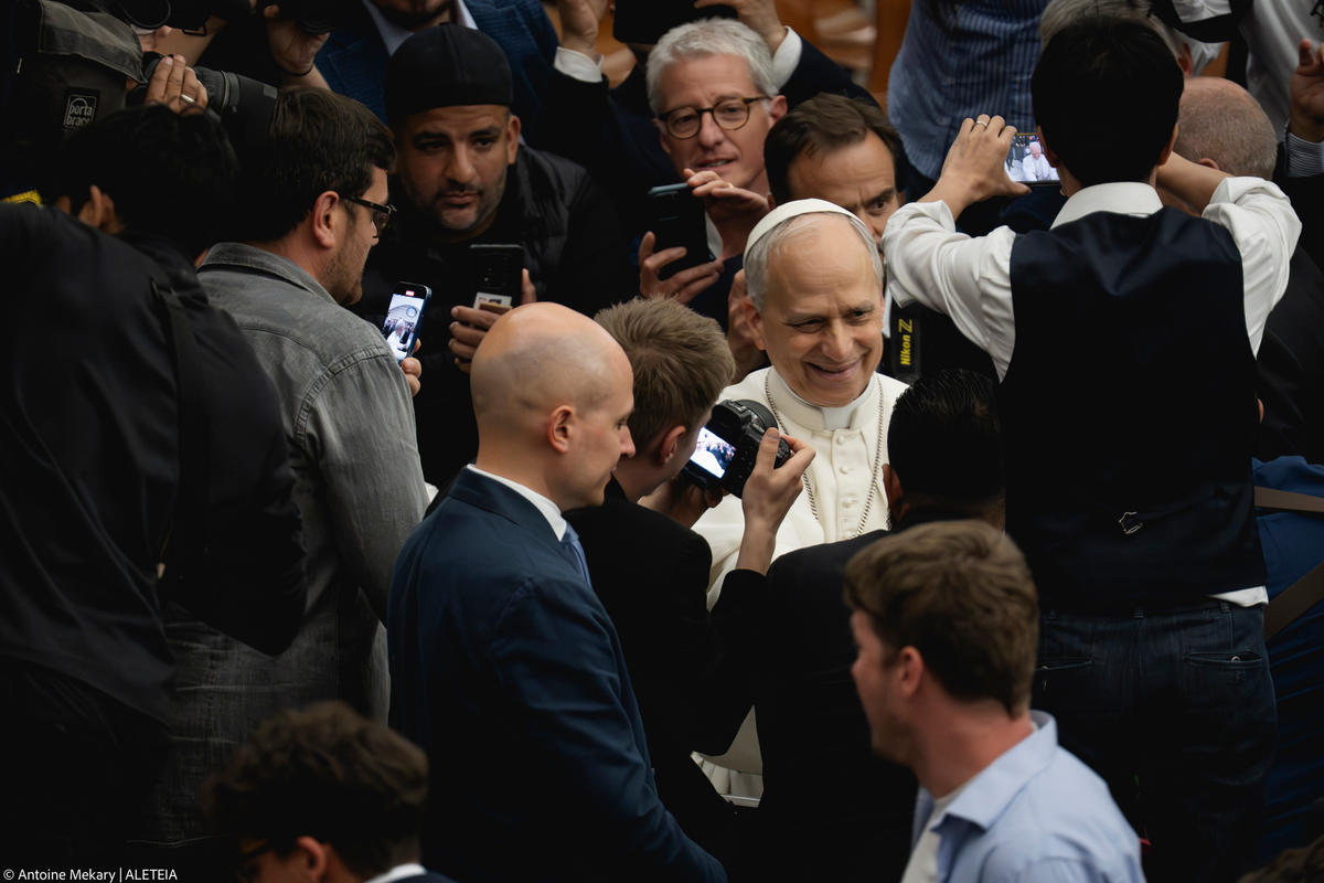 Pope Leo XIV during his audience with media representatives at the Paul VI Hall in the Vatican, on May 12, 2025.