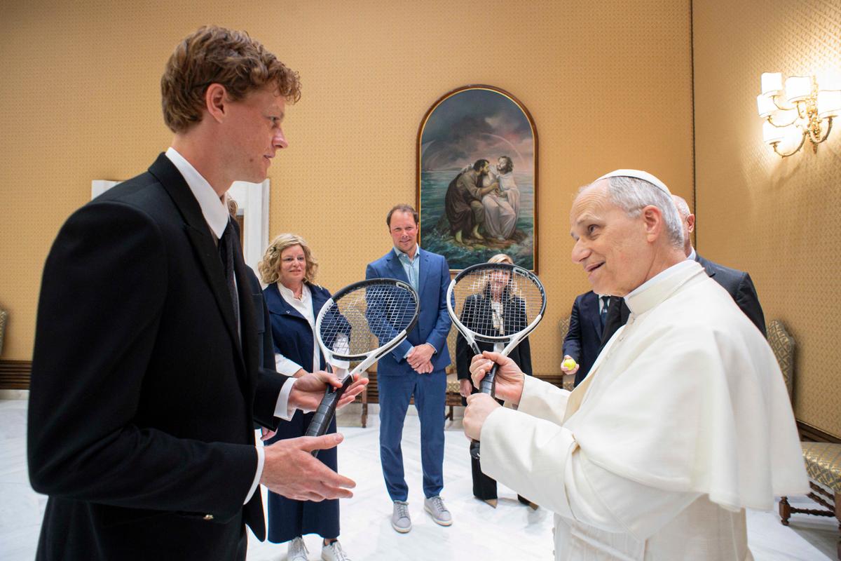 Pope Leo XIV during a private audience with Italy's tennis player Jannik Sinner