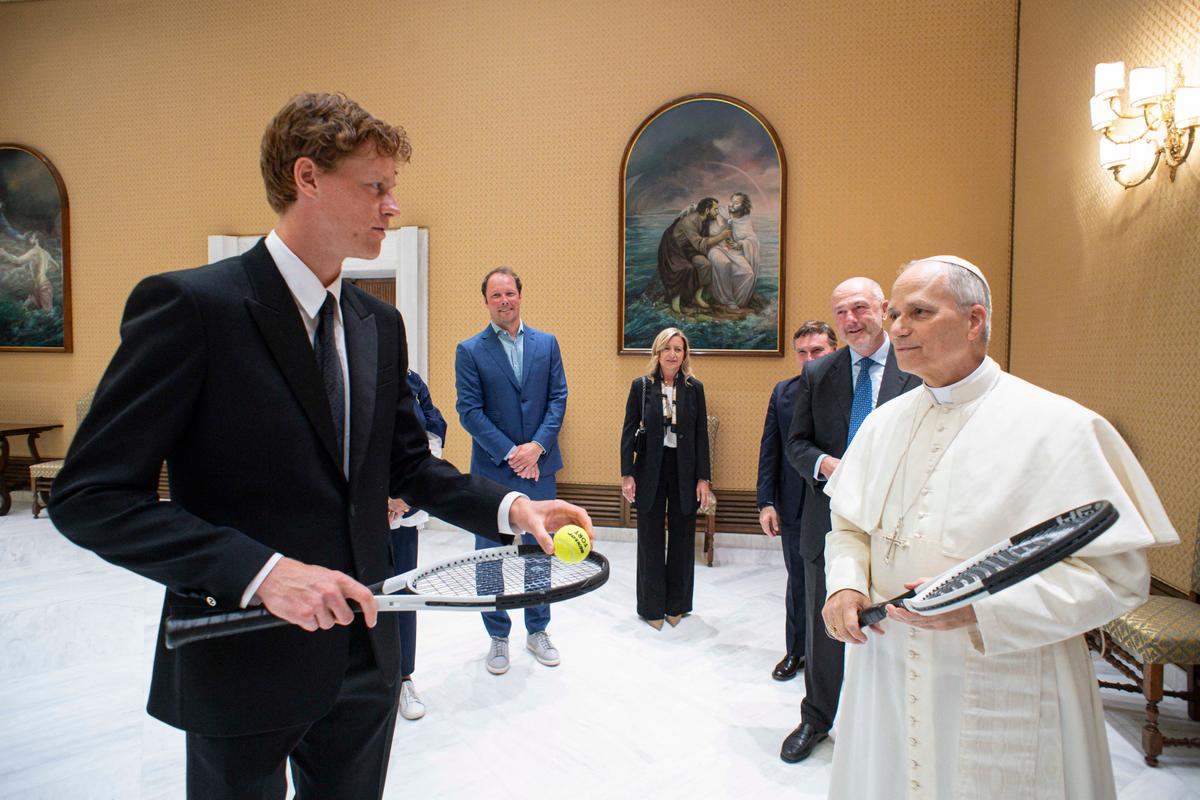 Pope Leo XIV during a private audience with Italy's tennis player Jannik Sinner