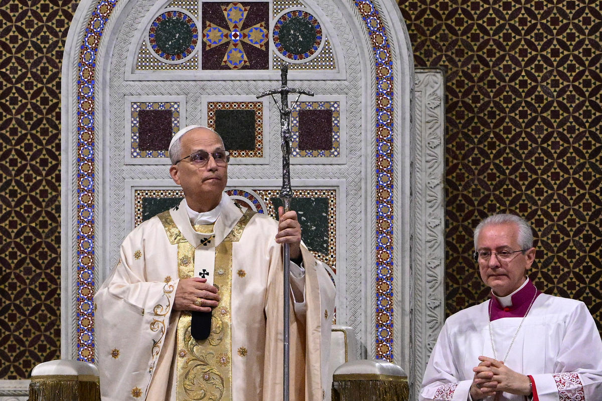 Pope Leo XIV leads a holy mass as he takes possession at Saint John Lateran archbasilica in Rome, on May 25, 2025.