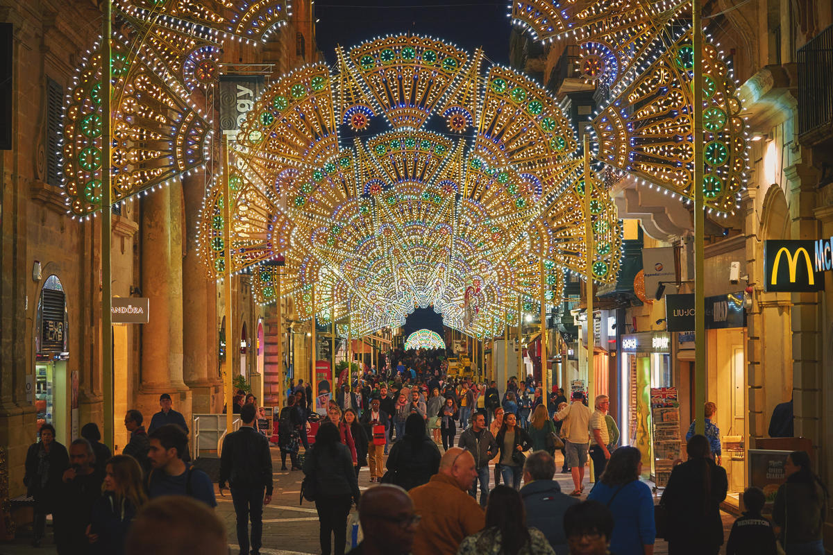 VALLETTA/MALTA - November 23, 2017: Republic street in Valletta with the Christmas decorations at night