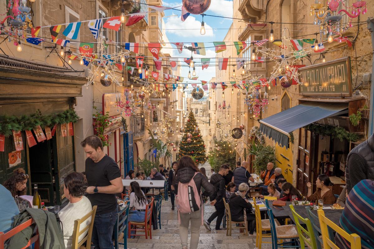 The view of St Lucia street during Christmas time in Valletta, Malta.