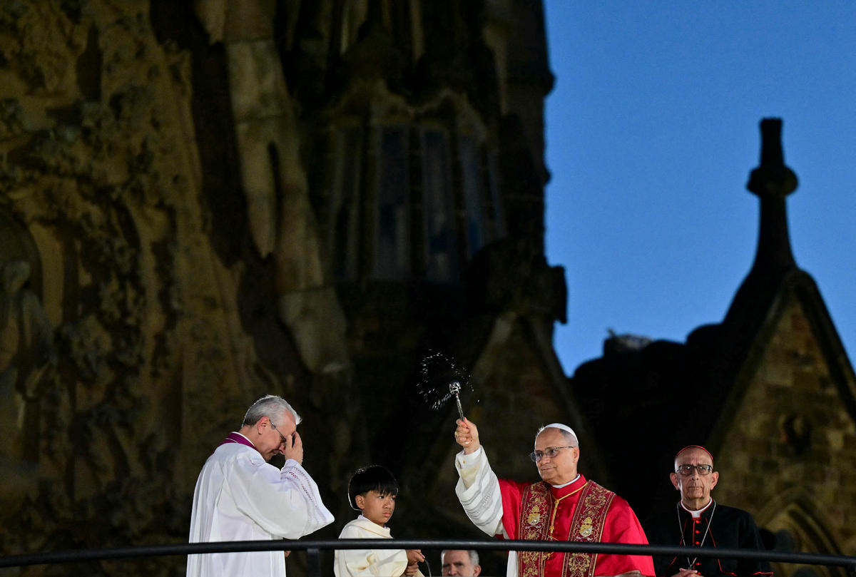 Pope Leo XIV blesses Jesus Christ tower of the Sagrada Familia during its inauguration in Barcelona, on June 10, 2026