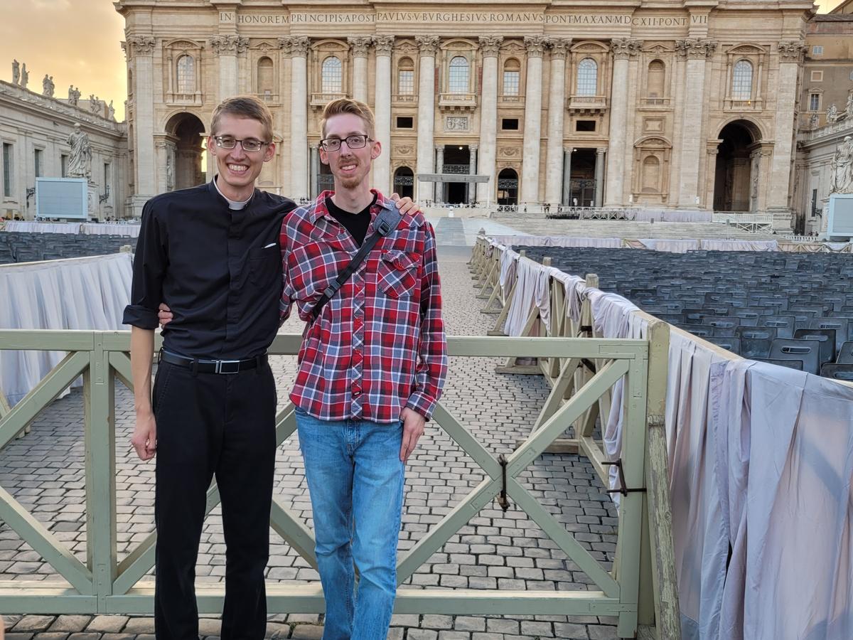 Deacon Zane Langenbrunner, who will sign the Exsultet at St. Peter's Basilica during the 2023 Easter Vigil, with his brother at St. Peter's Square