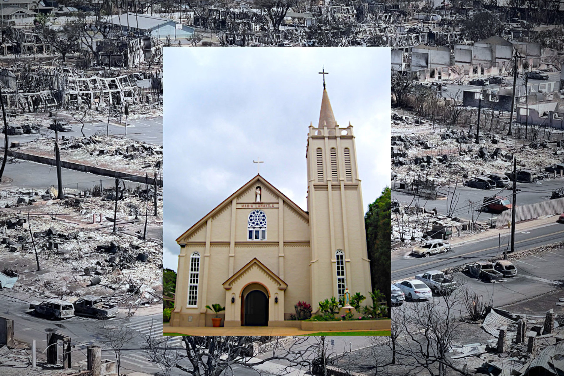 Maria Lanakila Catholic Church and devastation in town of Lahaina, Maui