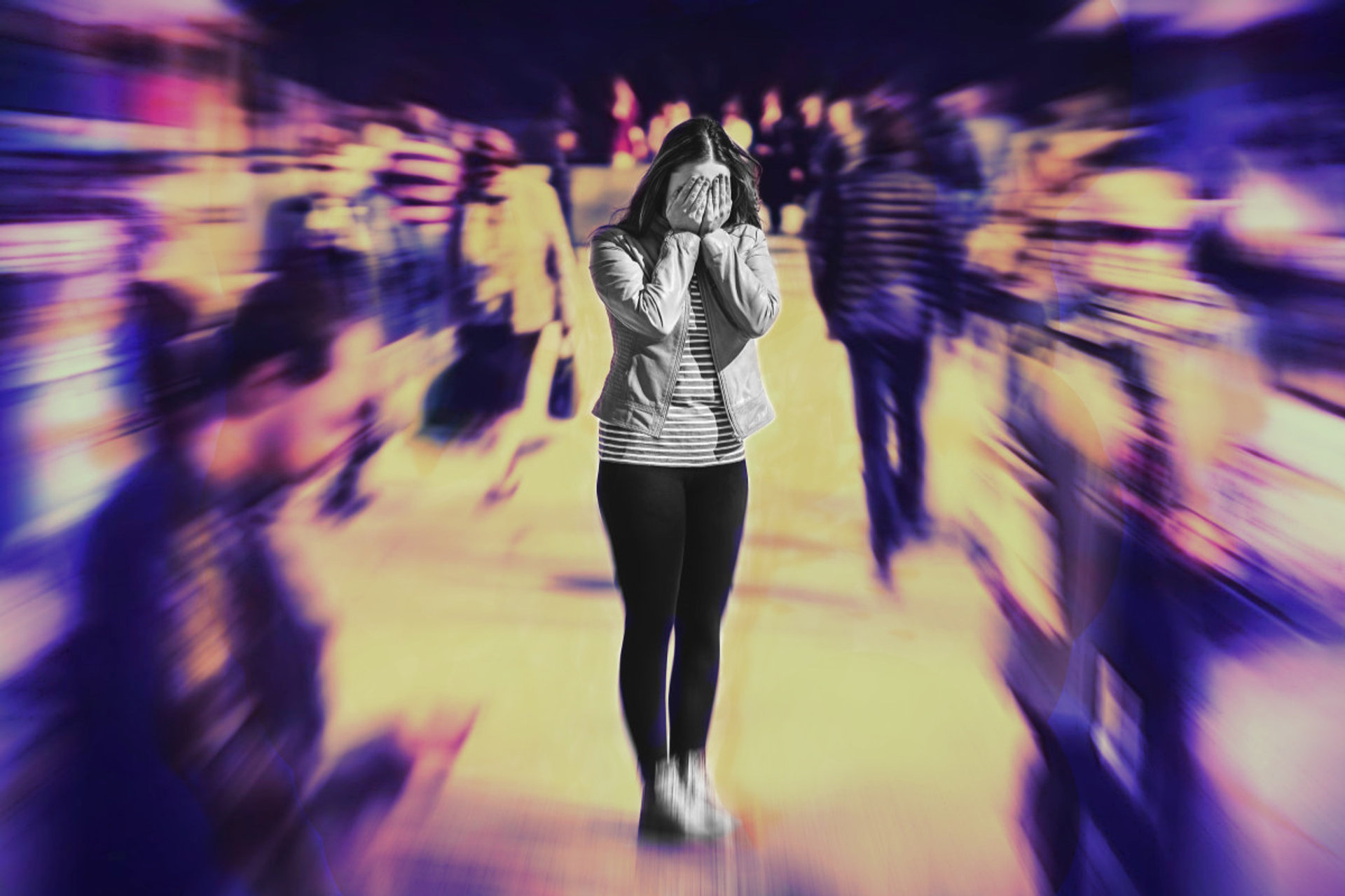woman in crowd with anxiety