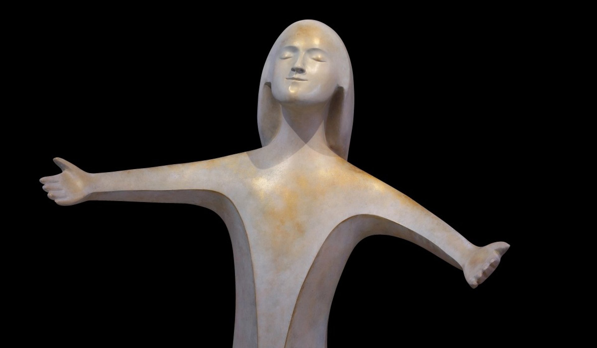 Therese de Lisieux, aged 11, real size bronze statue, arms opened to the light of God, 2012, by Fleur Nabert, Chapelle Notre Dame du sourire