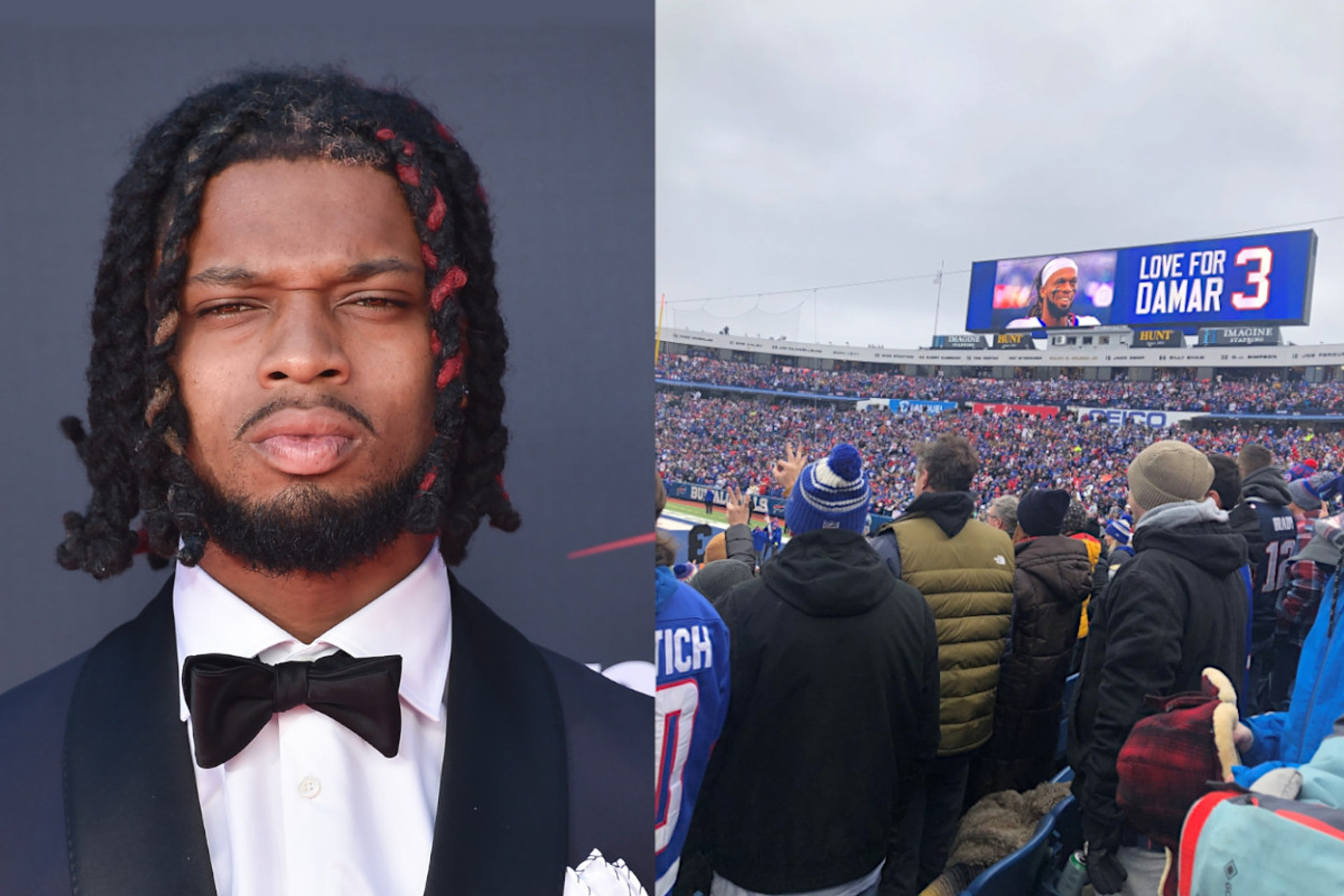 Buffalo Bills cornerback Damar Hamlin and fans supporting him after injury