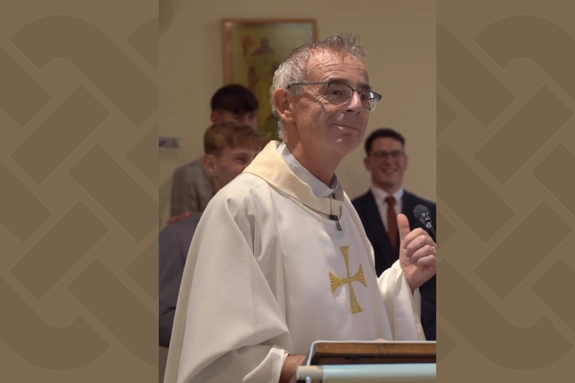 Irish priest jokes at wedding.