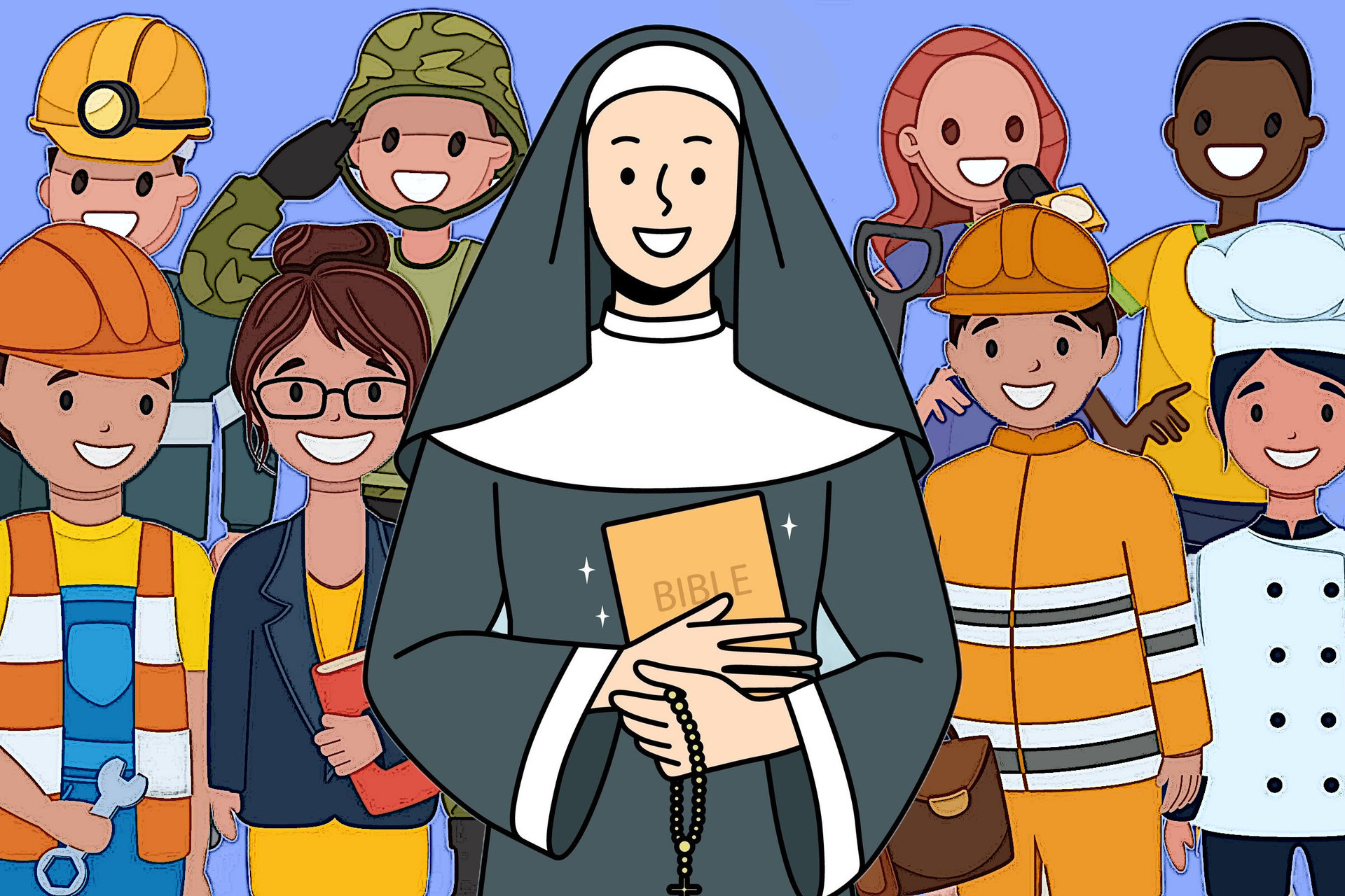 Nun with different jobs illustration