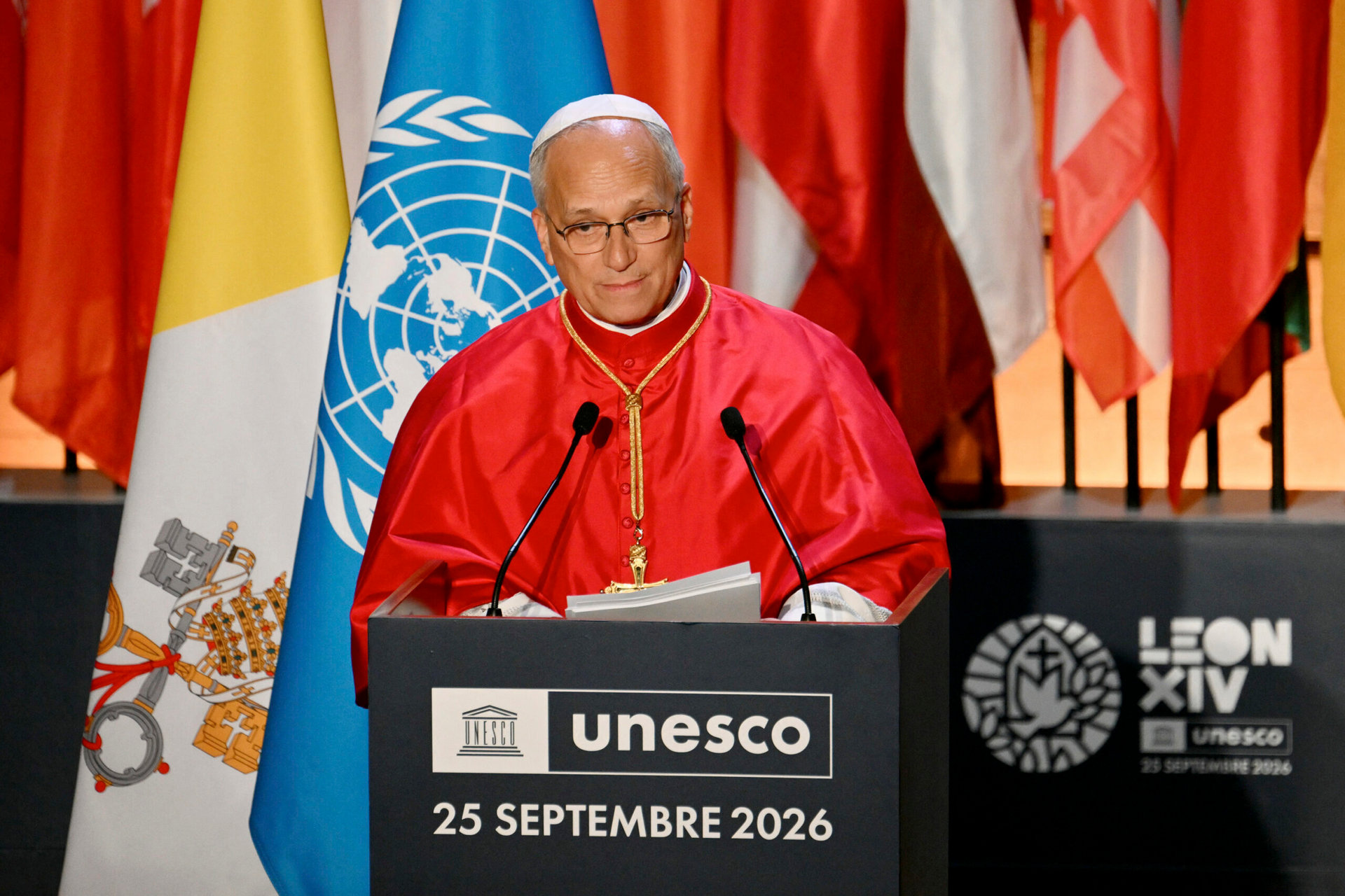 Pope Leo XIV delivers a speech during a visit at the UNESCO headquarters, in Paris on September 25, 2026