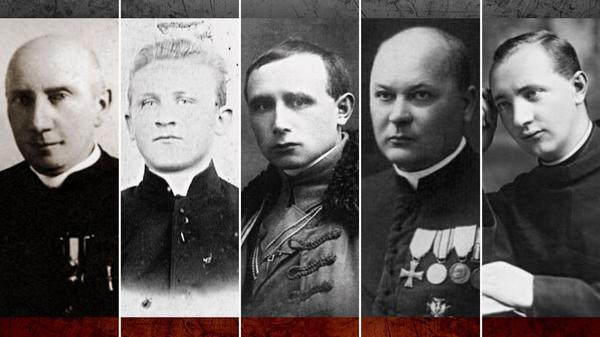 Od lewej: ks. Mateusz Zabłocki, ks. Ignacy Skorupka, ks. Józef Panaś, ks. Jan Leon Ziółkowski i o. Stanisław Cyprian Rozumkiewicz OFMConv