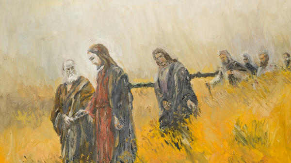 dipinto ad olio raffigurante una scena religiosa Gesù Cristo e i suoi discepoli su un prato