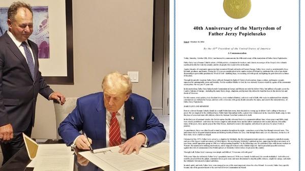 Donald trump podpisuje akt uhonorowania księdza Jerzego Popiełuszki