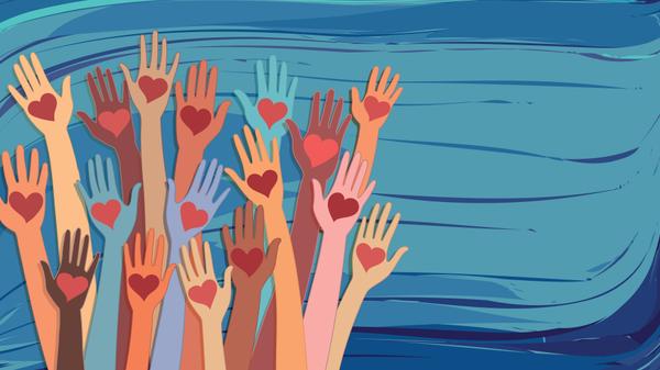 Banner whit abstract raised hands of multicultural volunteer people holding a heart