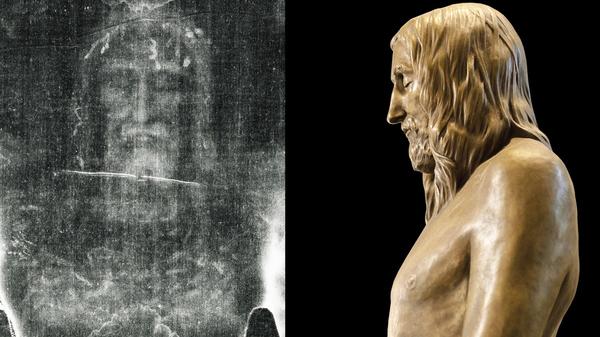 Shroud of Turin image and statue - From the JPII National Shrine presser