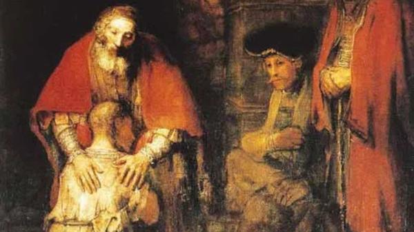 Rembrandt, Powrót syna marnotrawnego, 1667, musée de l’Ermitage à Saint-Pétersbourg © Wikipedia . Rembrandt, usé par la mort de son propre fils, a une soixantaine d'années lorsqu'il peint ce tableau. C'est l'intimité entre le père et son enfant qui est mise en évidence ici. La stature arrondie du père vient protéger l'enfant revenu. Le fils blotti, est peint comme un enfant venant s'appuyer contre les entrailles de son père. Délivré de ses démons, il comprend l'amour inconditionnel d'un père pour ses enfants. Inspirée du chapitre 15 de l'Évangile de Luc, cette toile du maître de l'âge d'or hollandais sert de support pour parler du sacrement de réconciliation et nous montrer le chemin de l'amour infini du Père pour entrer dans le miséricorde.