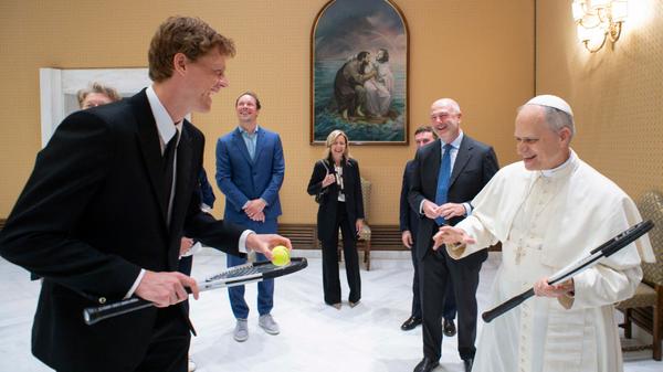 Pope Leo XIV during a private audience with Italy's tennis player Jannik Sinner