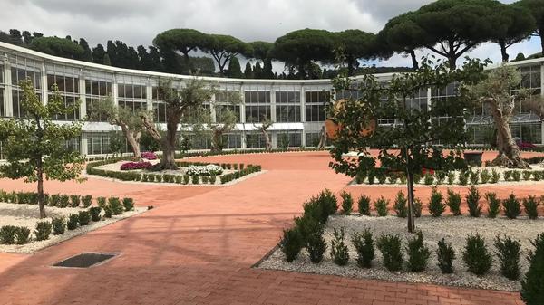 Photo of the main courtyard of the Borgo Laudato si' in Castel Gandolfo
