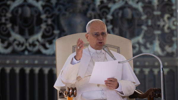 Pope Leo XIV during his weekly general audience in St. Peter's square at the Vatican on November 05, 2025.