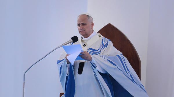 Pope Leo XIV speaks as he celebrates the mass during a one day visit to Lampedusa island, south of Sicily, on July 4, 2026