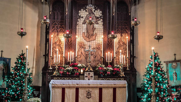 CHURCH DECORATED FOR CHRISTMAS