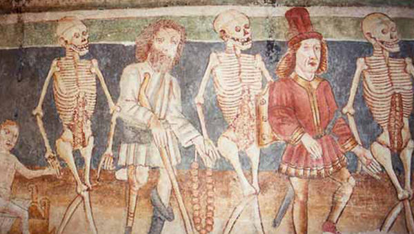 RAFFIGURAZIONE DI DANZA MACABRA CON SCHELETRI