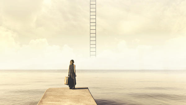 Indecisive woman does not know if climb up a ladder from the sky to a disenchanted destination
