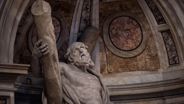 St-Andrew-the-brother-of-St-Peter-leans-into-the-X-shaped-cross-on-which-Andrew-was-martyred