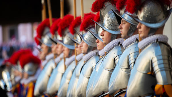 Swiss Guards take part in a swearing-in ceremony in San Damaso Courtyard, Vatican on May 06, 2023