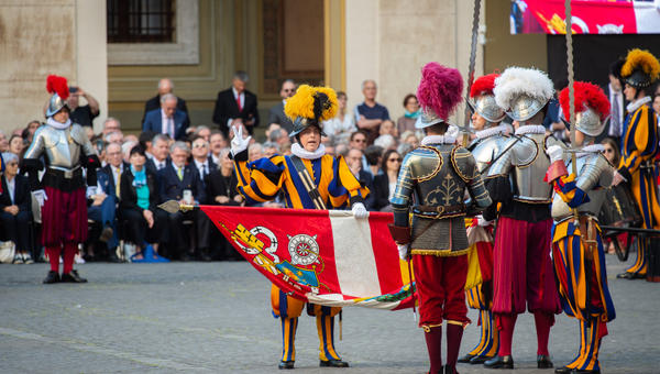 Swiss Guards take part in a swearing-in ceremony in San Damaso Courtyard, Vatican on May 06, 2023