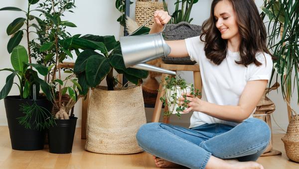A woman sitting on the floor pours water into a flower pot