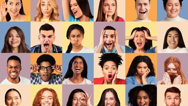 Range of emotions with many different faces